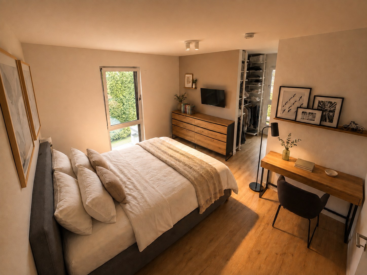 Elternschlafzimmer mit begehbarer Ankleide und Blick in den Garten